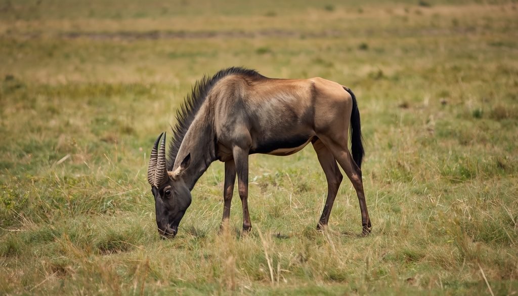 Blue wildebeest grazing in an open African grassland
