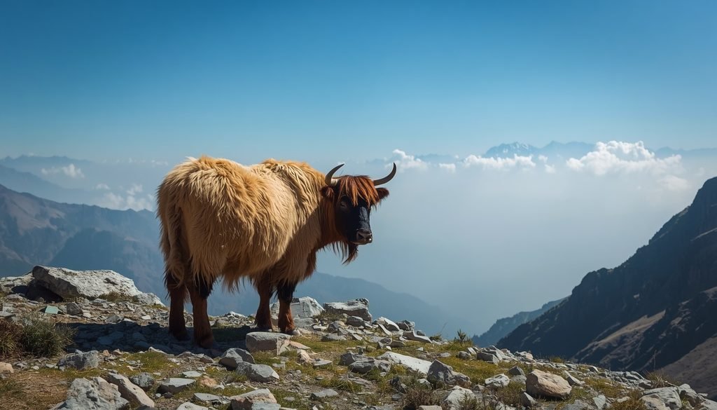 Yak standing in a high altitude Himalayan mountain habitat