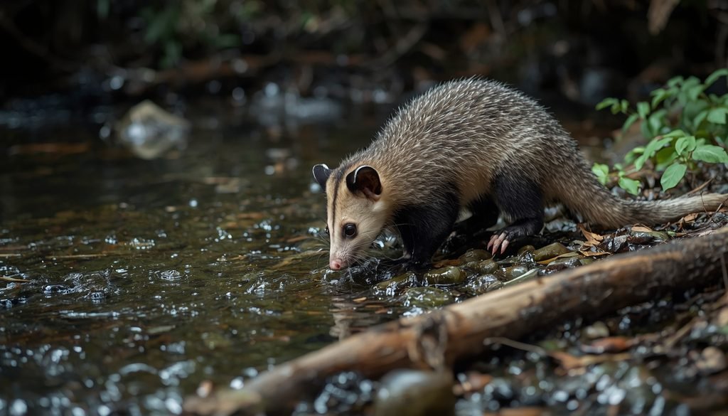 Yapok water opossum near a tropical freshwater stream
