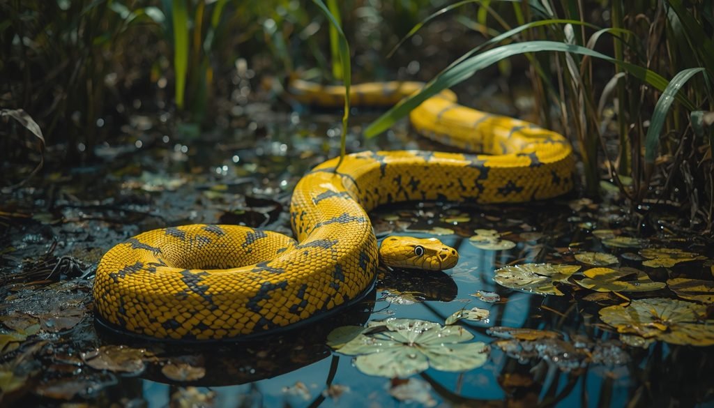 Yellow anaconda resting near a South American wetland