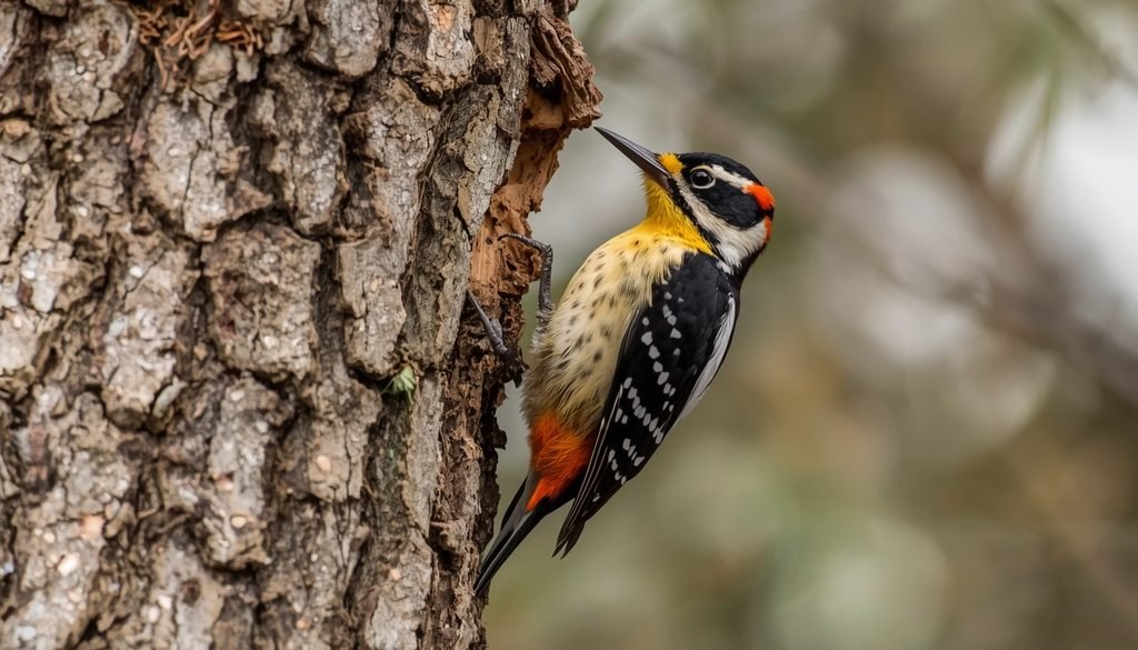 Yellow bellied sapsucker feeding on a tree trunk