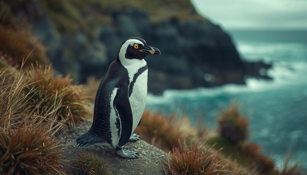 Yellow eyed penguin standing on a New Zealand coastal habitat