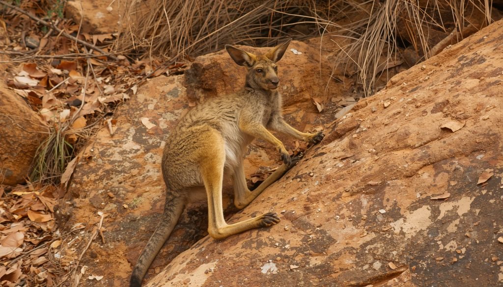 Yellow footed rock wallaby climbing rocky Australian terrain
