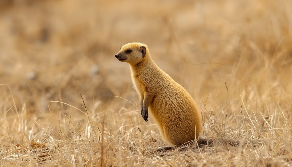 Yellow mongoose standing in dry African grassland