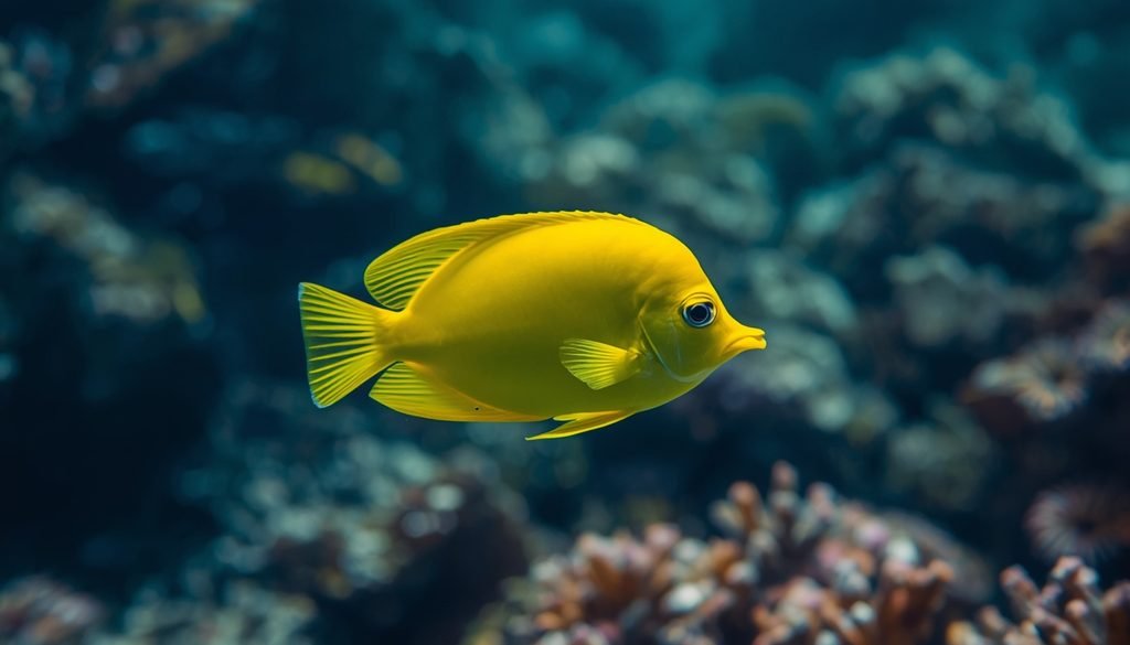 Bright yellow tang swimming over a tropical coral reef